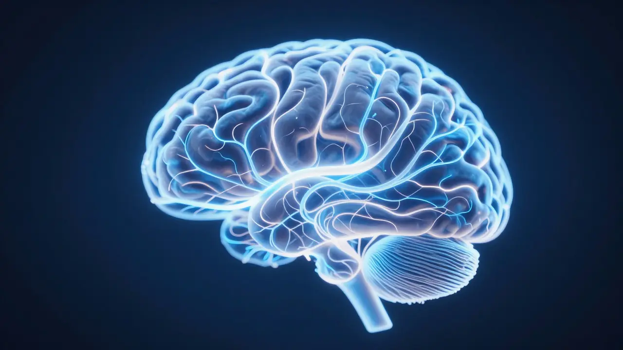 Abstrakte Darstellung eines Gehirns mit leuchtenden Nervenbahnen.
