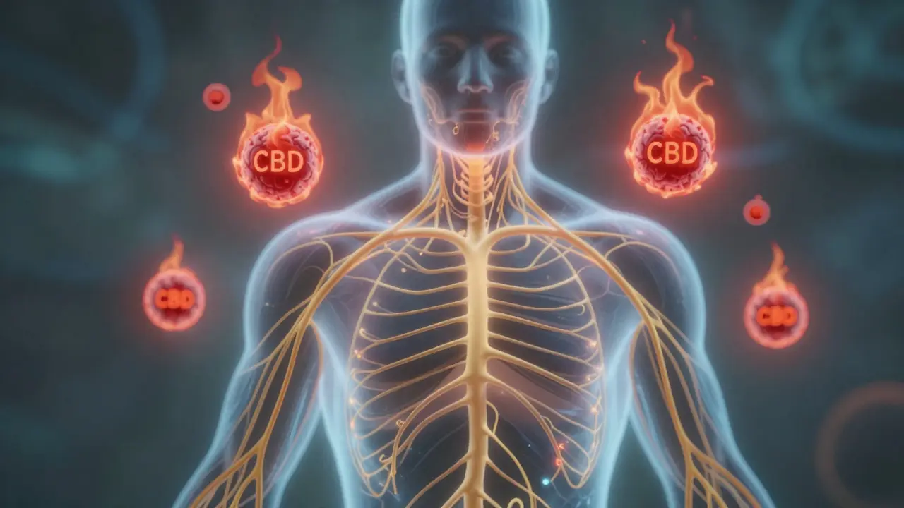 Abstrakte Darstellung von Nerven, die durch CBD-Moleküle beruhigt werden, rote Schmerzsignale werden reduziert