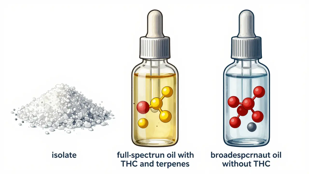 Drei CBD-Produkttypen mit molekularen Strukturen, THC als rote Elemente.