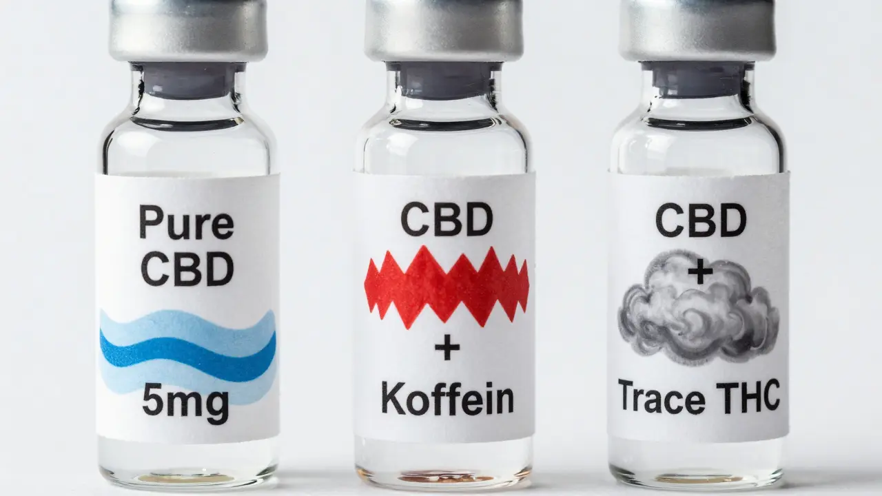 Drei Getränkevarianten mit unterschiedlichen Zutaten: reines CBD, CBD mit Koffein und CBD mit THC.