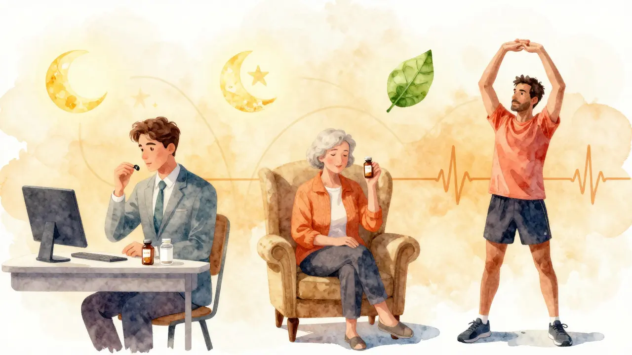 Drei Menschen verschiedener Altersgruppen mit CBD-Kapseln, symbolisch verbunden mit Elementen von Ruhe und Wohlbefinden.