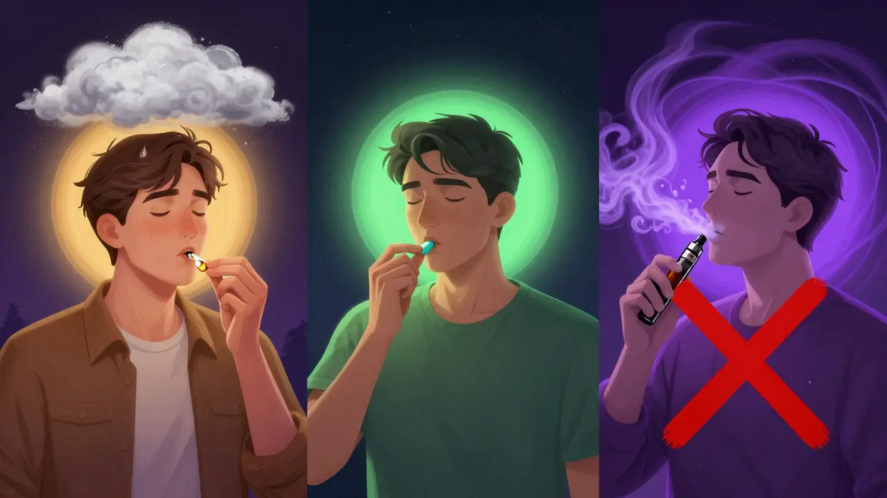 Drei Personen in abendlichen Szenen: HHC und CBD nutzen beruhigende Methoden, THC wird abgelehnt, symbolisch durch Licht und Farben dargestellt.