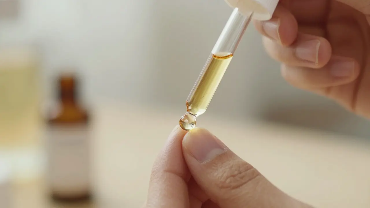 Dropper mit CBD-Tinktur unter der Zunge, goldene Flüssigkeit