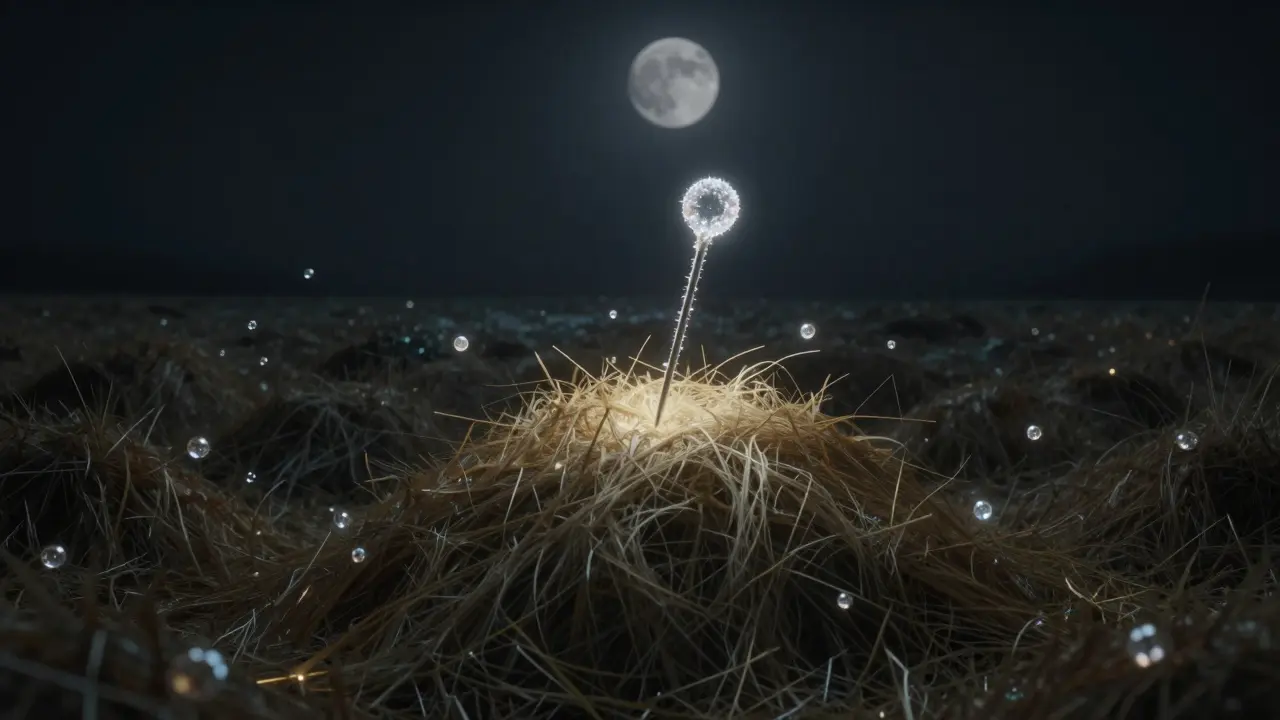 Ein Heuhaufen mit einem einzigen, schimmernden THCP-Kristall als Nadel, umgeben von vielen kleineren Cannabinoid-Molekülen.