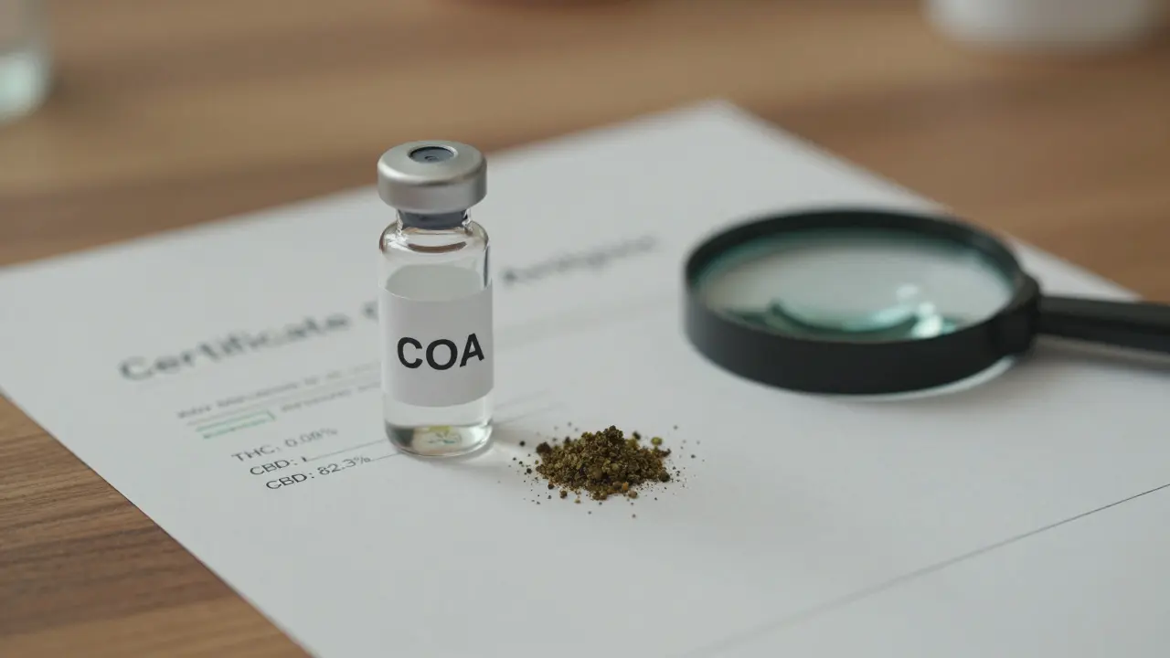 Ein Laborbericht mit THC- und CBD-Werten neben einem CBD-Crumble-Glas im Labor.