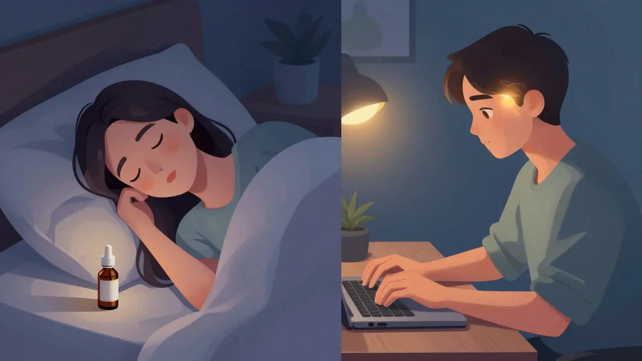 Ein Mensch zeigt zwei Gesichter: abends entspannt und tagsüber fokussiert, CBD wirkt unterschiedlich.