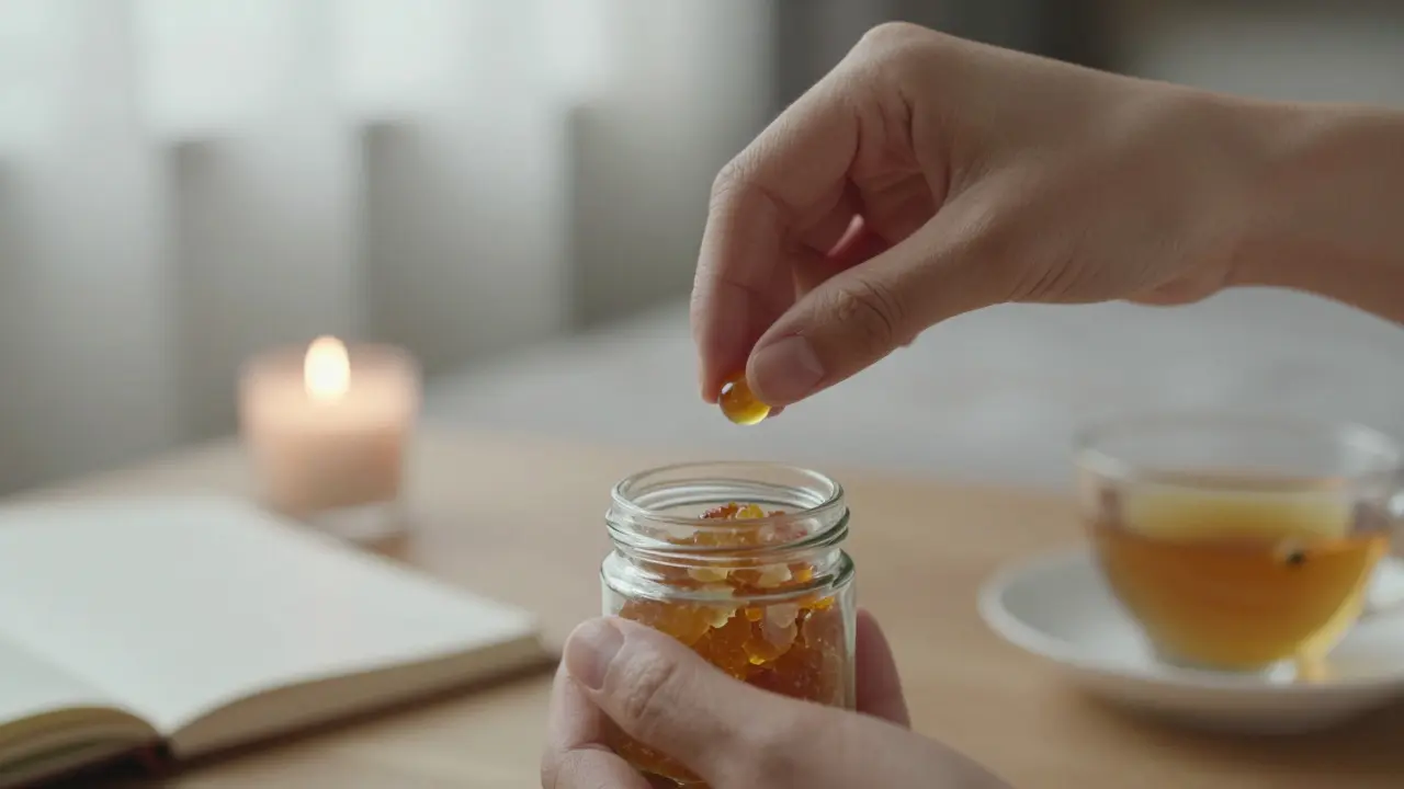 Eine Hand hält ein winziges Stück CBD-Harz bereit, um es unter die Zunge zu geben.