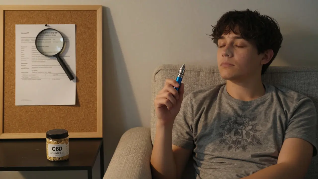 Eine Person entspannt mit einem Vape-Pen, neben ihr ein CBD-Crumble-Gefäß und ein Laborbericht.