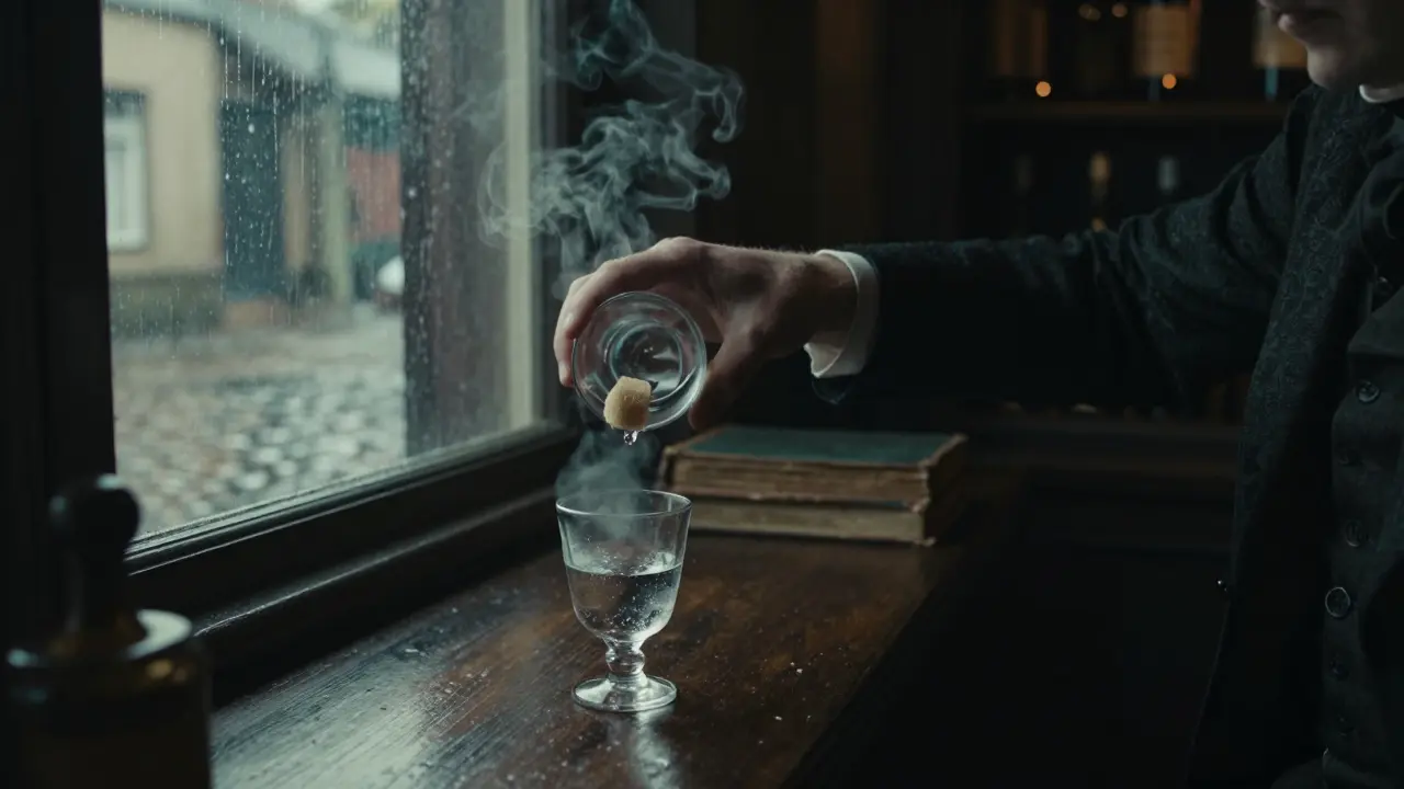 Eine Person in historischer Kleidung bereitet Absinth mit Wasser und Zucker vor, der Raum ist gedämpft und stimmungsvoll beleuchtet.