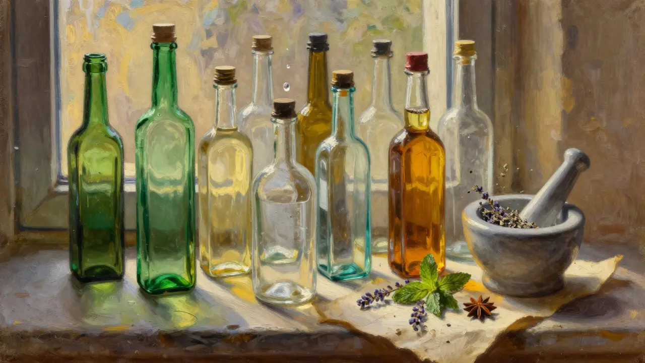 Eine Sammlung verschiedener Absinthflaschen in Grün und Klar, umgeben von getrockneten Kräutern auf einem steinernen Fenstersims.