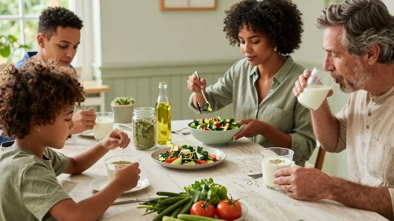 Familie genießt Mahlzeiten mit Hanfprodukten wie Samen, Öl und Milch