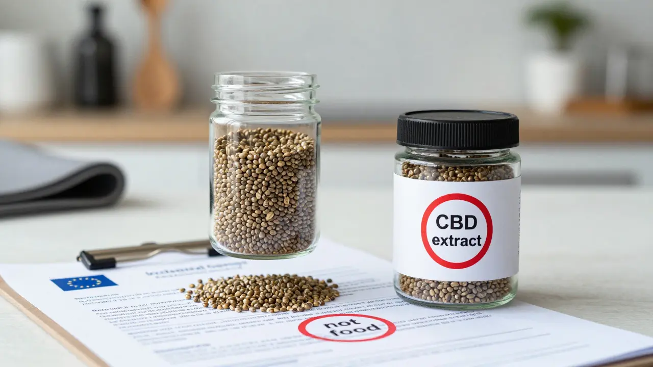 Hanfkerne neben einem legalen EU-Label, während CBD-Extrakt als nicht essbar gekennzeichnet ist