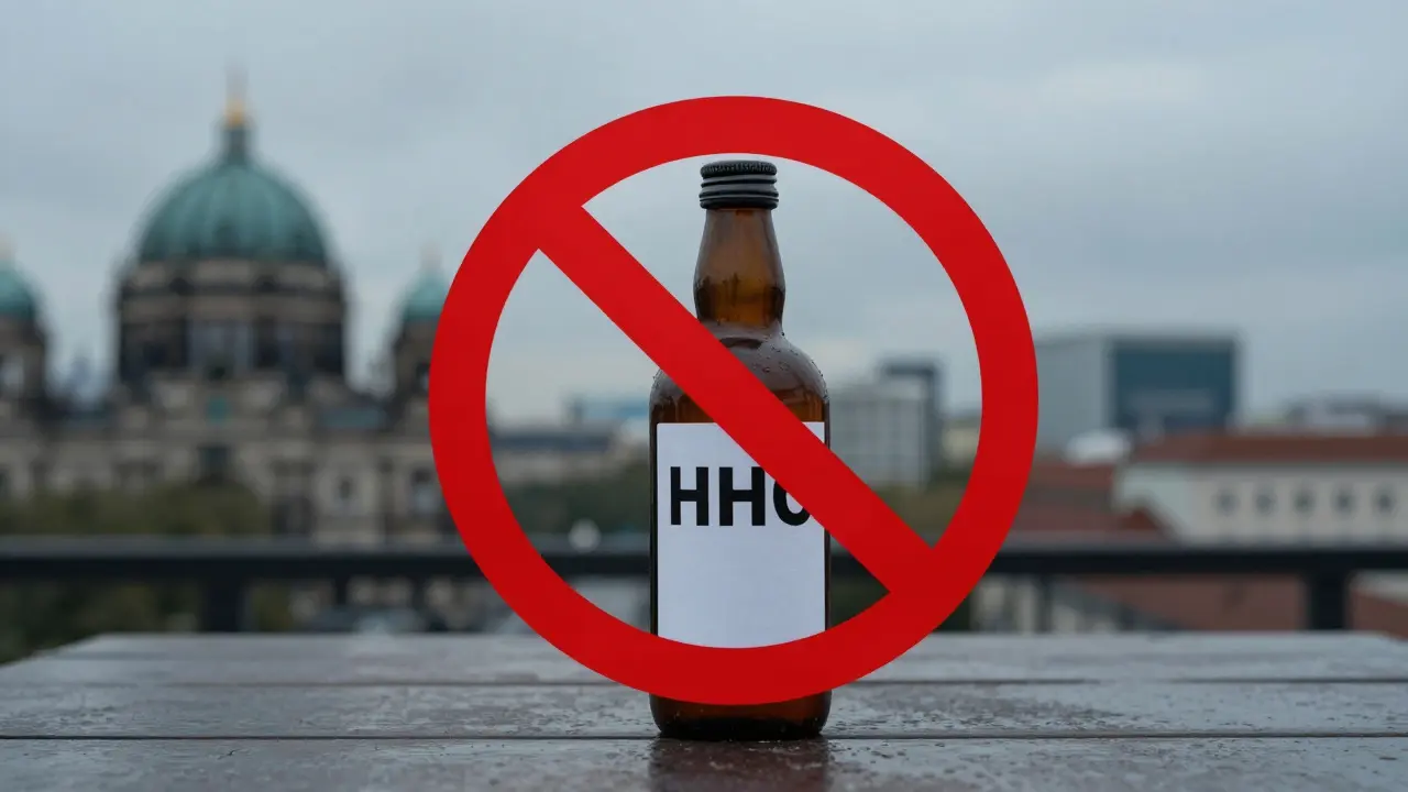 HHC-Flasche mit rotem Verbotssymbol vor Berliner Hintergrund.