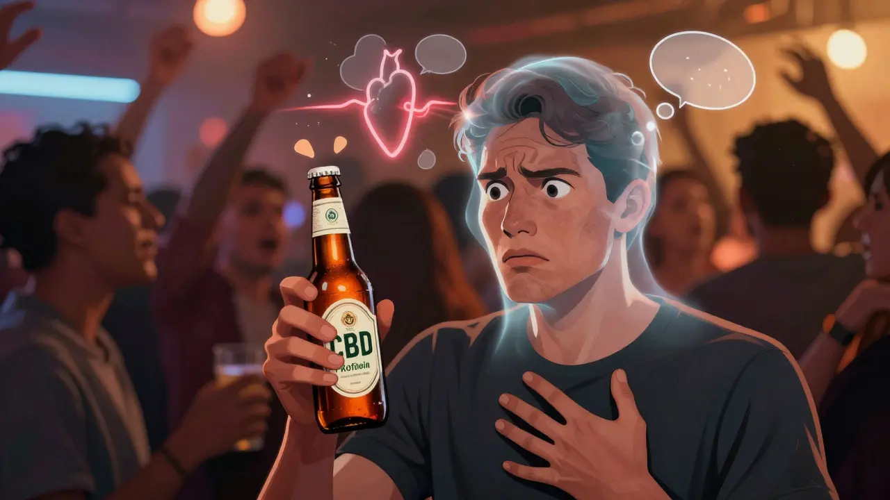 Jemand fühlt sich unruhig auf einer Party nach dem Konsum eines CBD-Bieres mit Koffein.