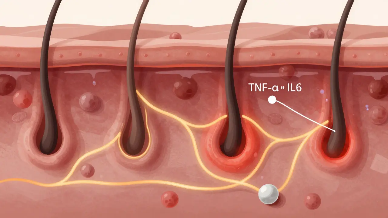 Mikroskopische Ansicht der Haut, wo CBD-Moleküle Entzündungsbotenstoffe reduzieren.