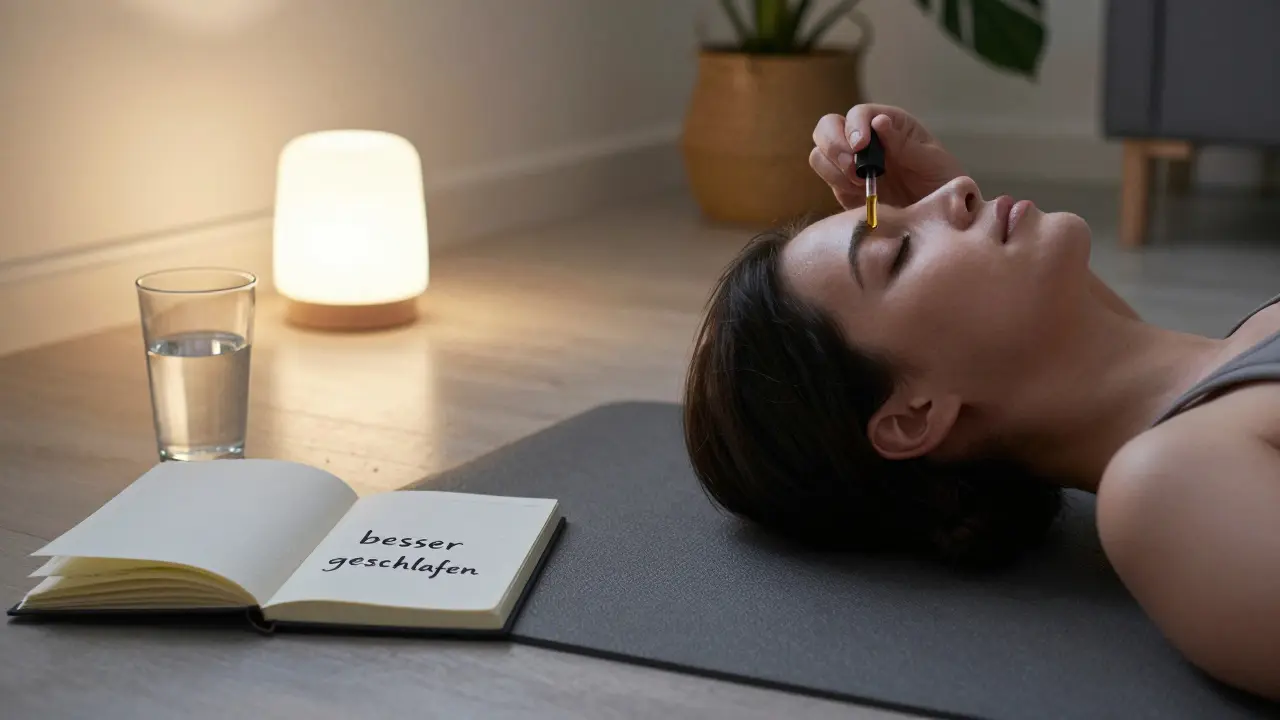 Person entspannt sich abends mit CBD-Öl, ruhige Atmosphäre, Journal und Wasser auf dem Boden