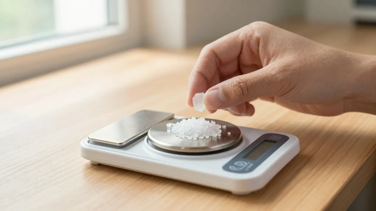 Person misst CBD-Kristalle mit Präzisionswaage bei Morgensonne.