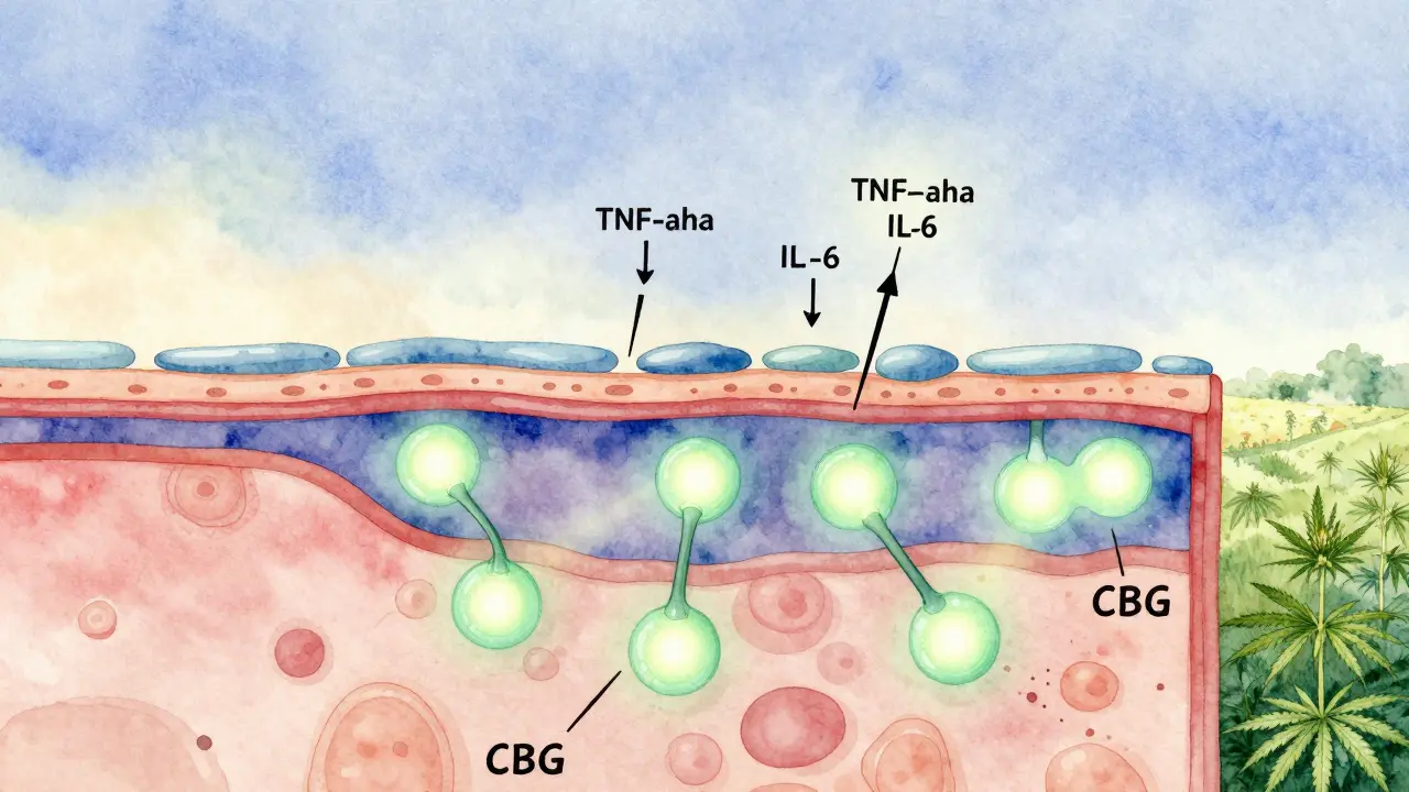Schnitt durch die Haut mit CBG-Molekülen, die Entzündungen und Nervenschmerzen lindern.