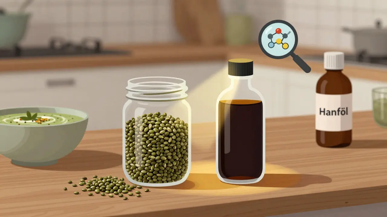 Two jars side by side: one with hemp seeds, one with CBD oil, on a kitchen counter.