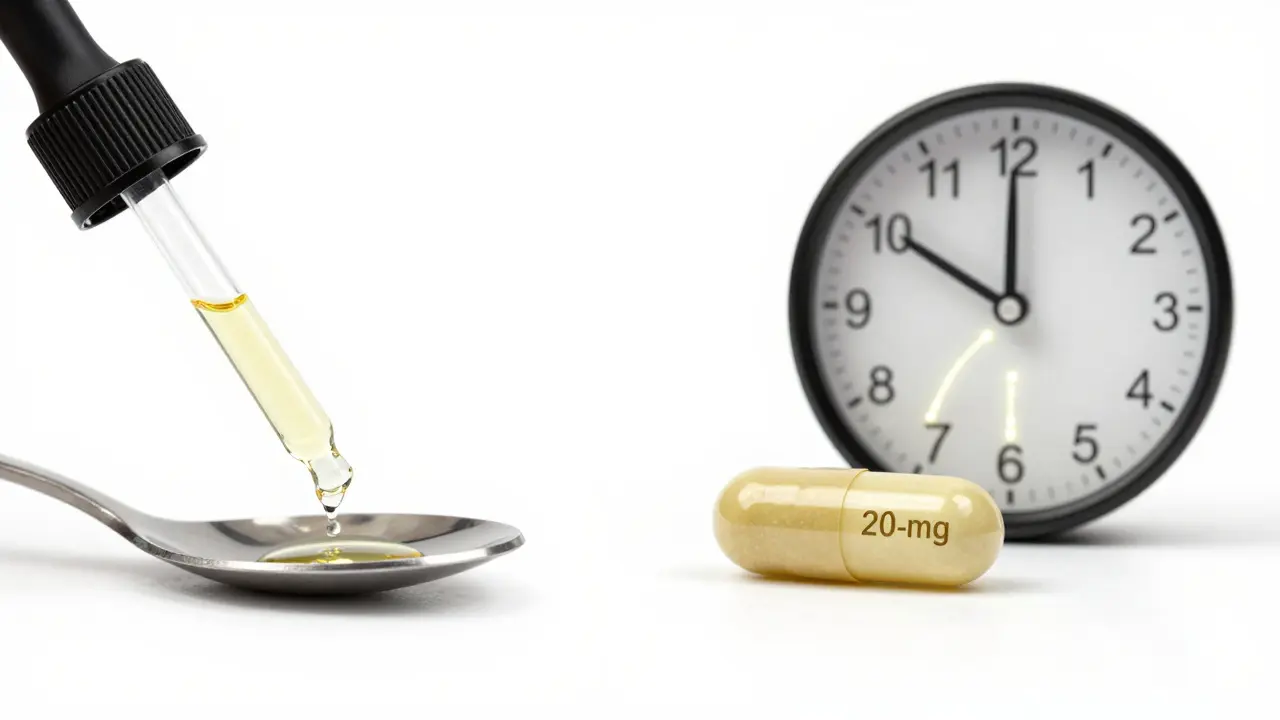 Vergleich von CBD-Öl-Tropfen und einer 20-mg-CBD-Kapsel mit Darstellung der Aufnahmezeit im Körper.