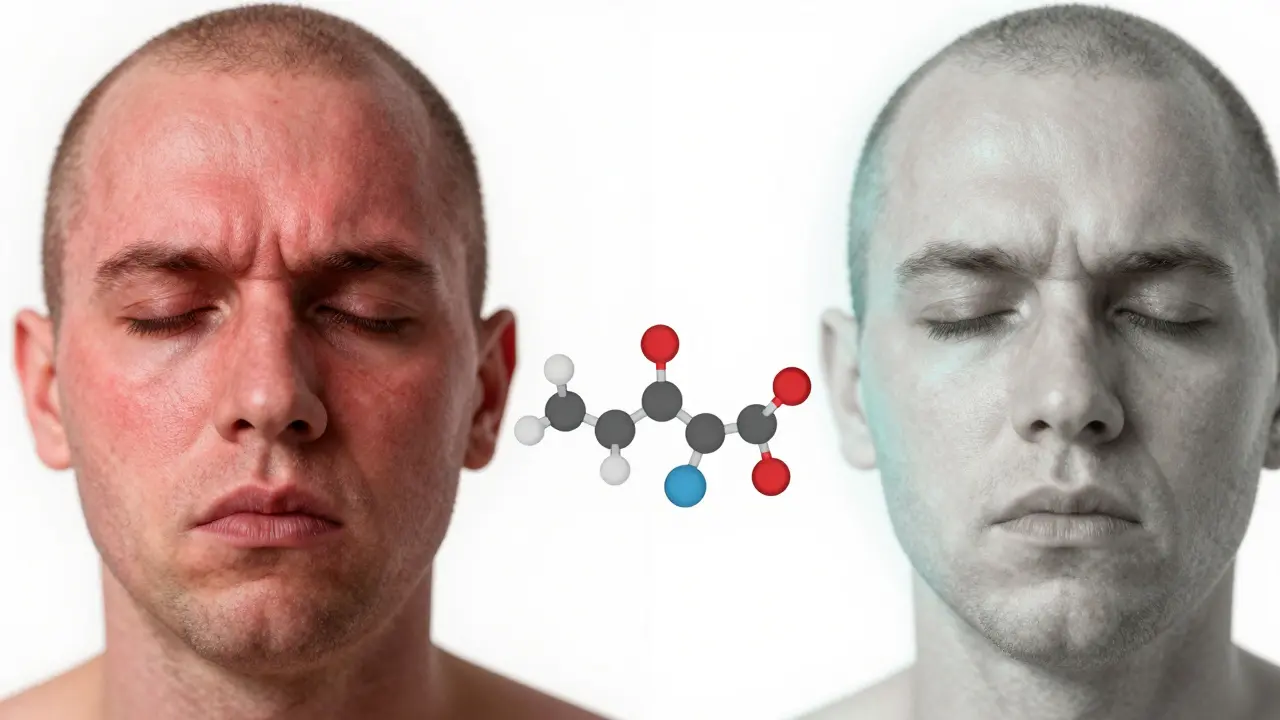 Vergleich von gereizter Haut und geheilter Haut, verbunden durch ein CBG-Molekül.