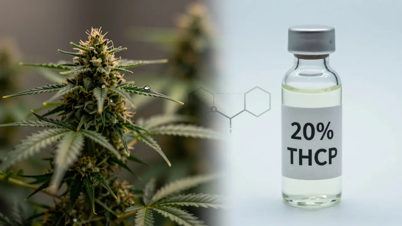 Vergleich zwischen natürlichem Cannabis-Extrakt mit minimalem THCP und synthetischem THCP in einer Konzentratflasche.