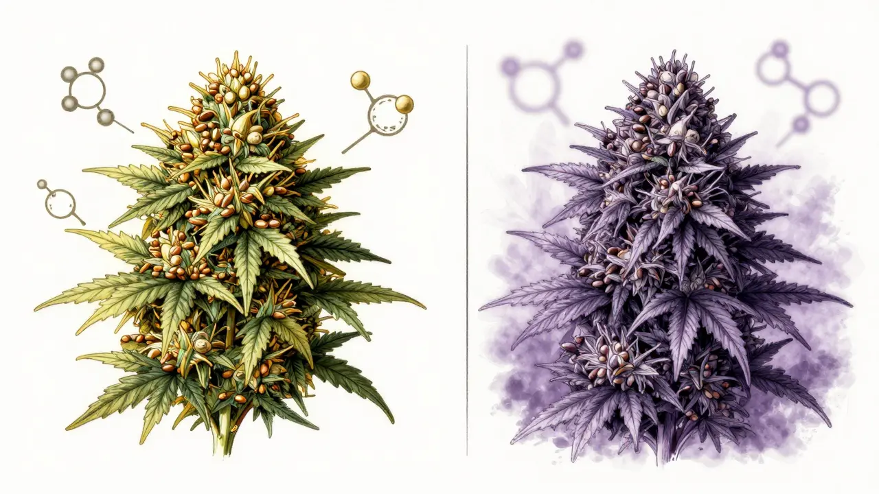 Zwei Hälften einer Hanfpflanze: Samen mit Nährstoffen und Blüten mit verschwommenen Cannabinoiden