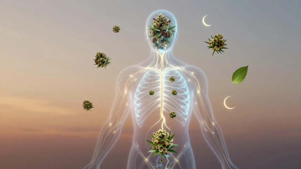 Abstrakte Darstellung des Endocannabinoid-Systems mit Hanfblüten und beruhigenden Symbolen
