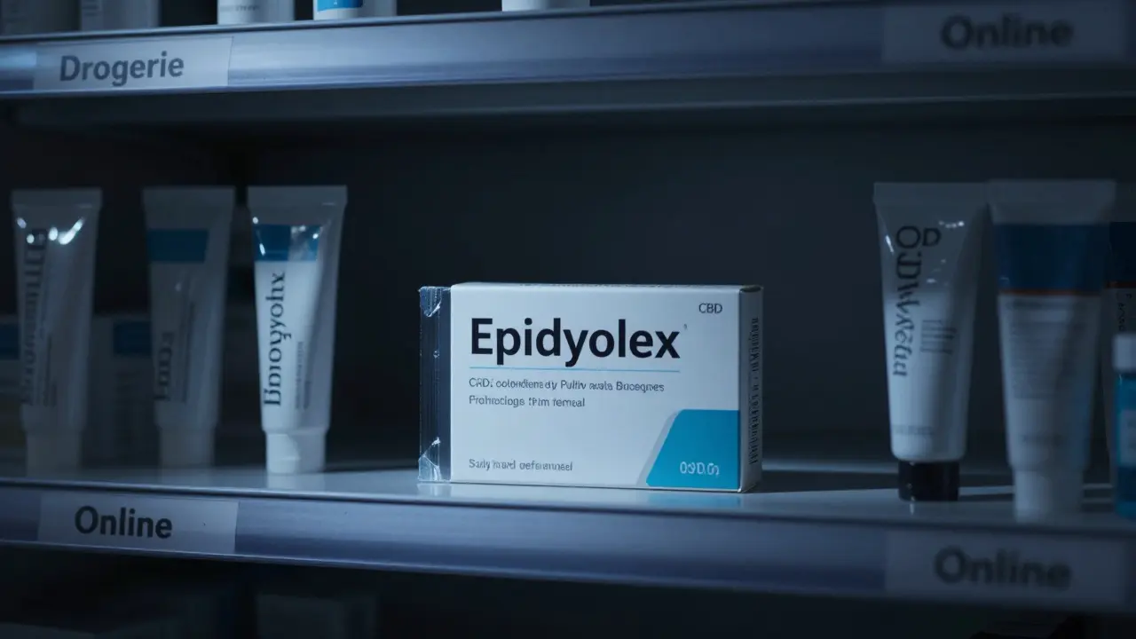 Apothekenregal mit nur einem zugelassenen CBD-Medikament, umgeben von unzulässigen Produkten in Schatten.