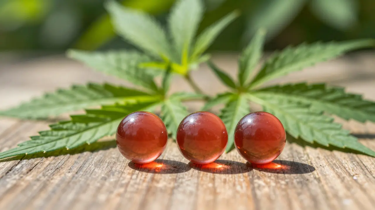 Bunte Kaugummis auf Holzplatte neben frischen grünen Hanfblättern.