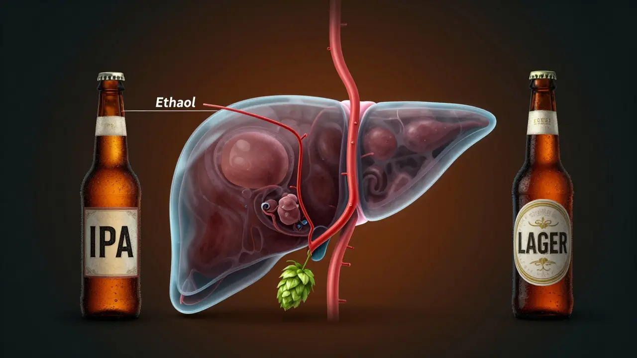 Durchsichtige Darstellung einer Leber mit Alkoholströmen aus zwei Biersorten, frühe Fettansammlungen im IPA-Pfad sichtbar.