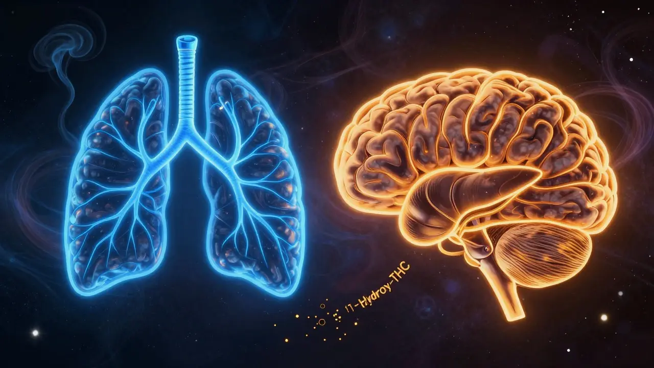 Ein abstraktes Bild des Gehirns mit zwei unterschiedlichen Wegen, wie THC durch den Körper gelangt — schnell durch die Lunge oder langsam durch die Leber.