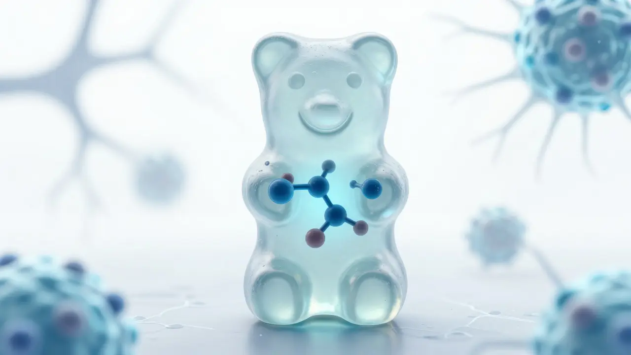 Ein CBD-Gummibärchen mit mikroskopischer Darstellung von CBD-Molekülen, die auf Nervenzellen wirken.