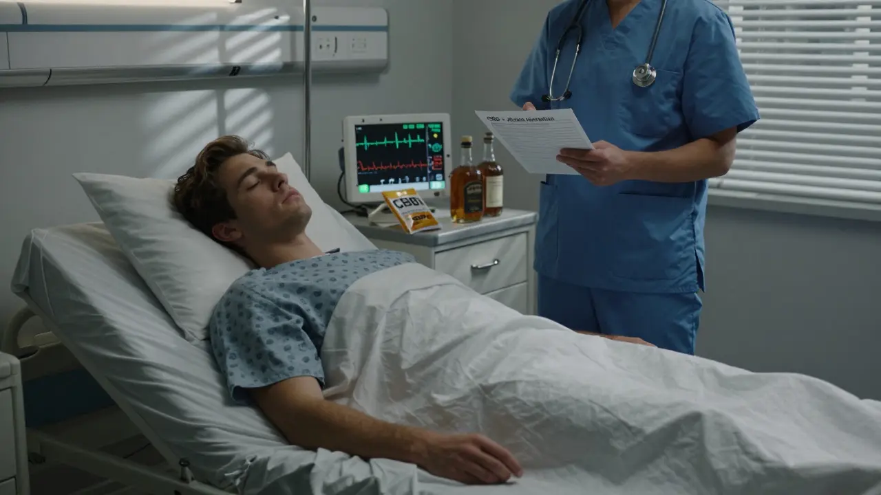 Ein junger Mann liegt bewusstlos im Krankenhausbett, neben ihm liegen leere CBD-Gummibonbon-Verpackung und Whiskyflaschen.