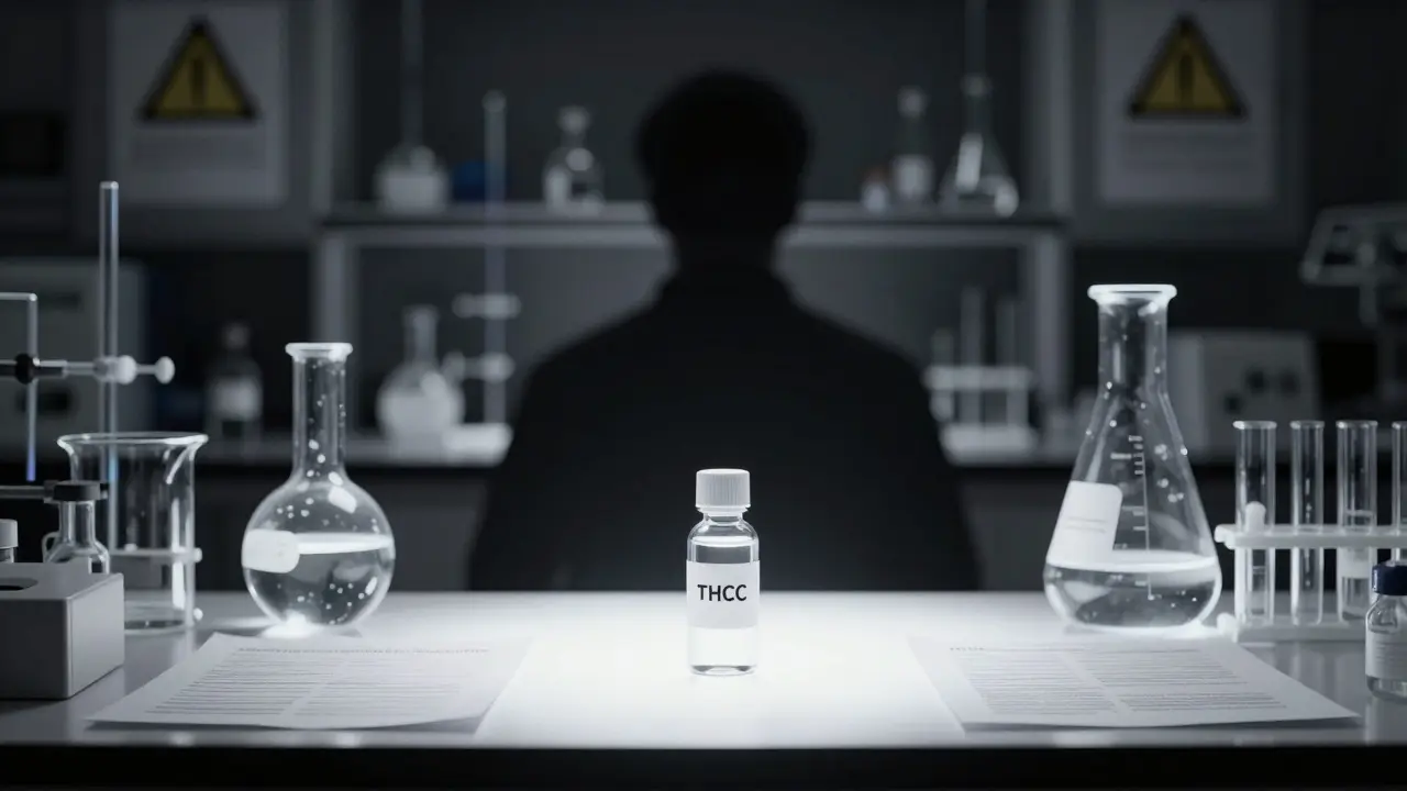 Ein Labor mit einer vial mit THCC, umgeben von rechtlichen Warnhinweisen in düsterem Ambiente.