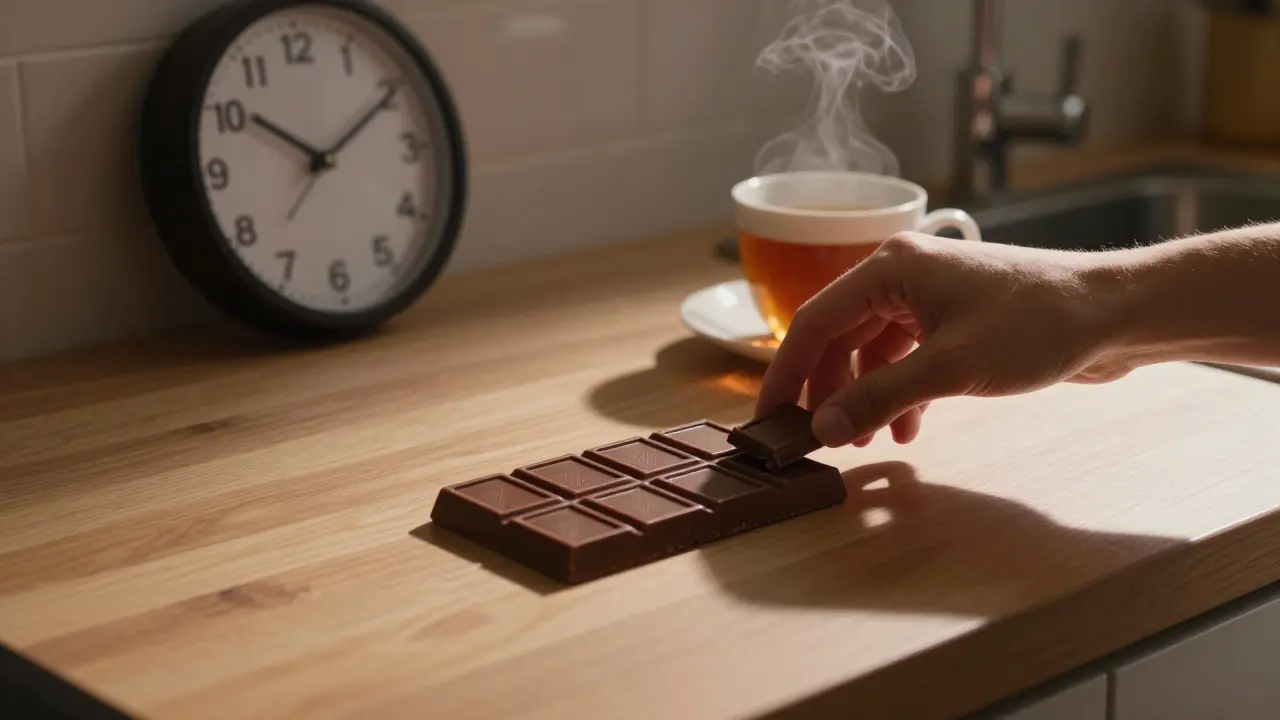 Eine geteilte Cannabis-Schokolade auf einer Küchentheke, mit nur einem Stück entnommen und einer Uhr, die zwei Uhr nachts anzeigt.