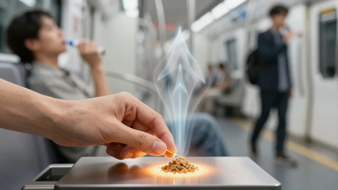 Eine Hand gibt eine Dosis CBD-Crumble auf eine heiße Oberfläche, während Energie aufsteigt.