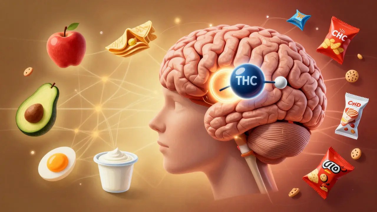 Eine künstlerische Darstellung des Gehirns mit THC- und CBD-Molekülen, die den Appetit beeinflussen, umgeben von gesunden und ungesunden Snacks.