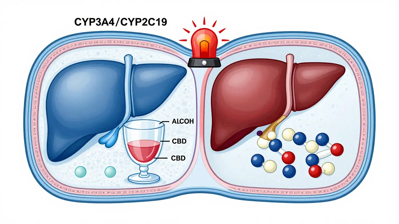 Eine medizinische Darstellung der Leber, bei der CBD-Substanzen den Abbau von Alkohol blockieren.