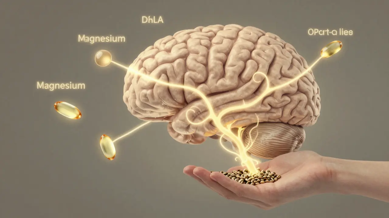 Eine menschliche Gehirnstruktur, die von Magnesium, Omega-3 und Protein aus Hanfsamen genährt wird, in sanften Erdtönen dargestellt.