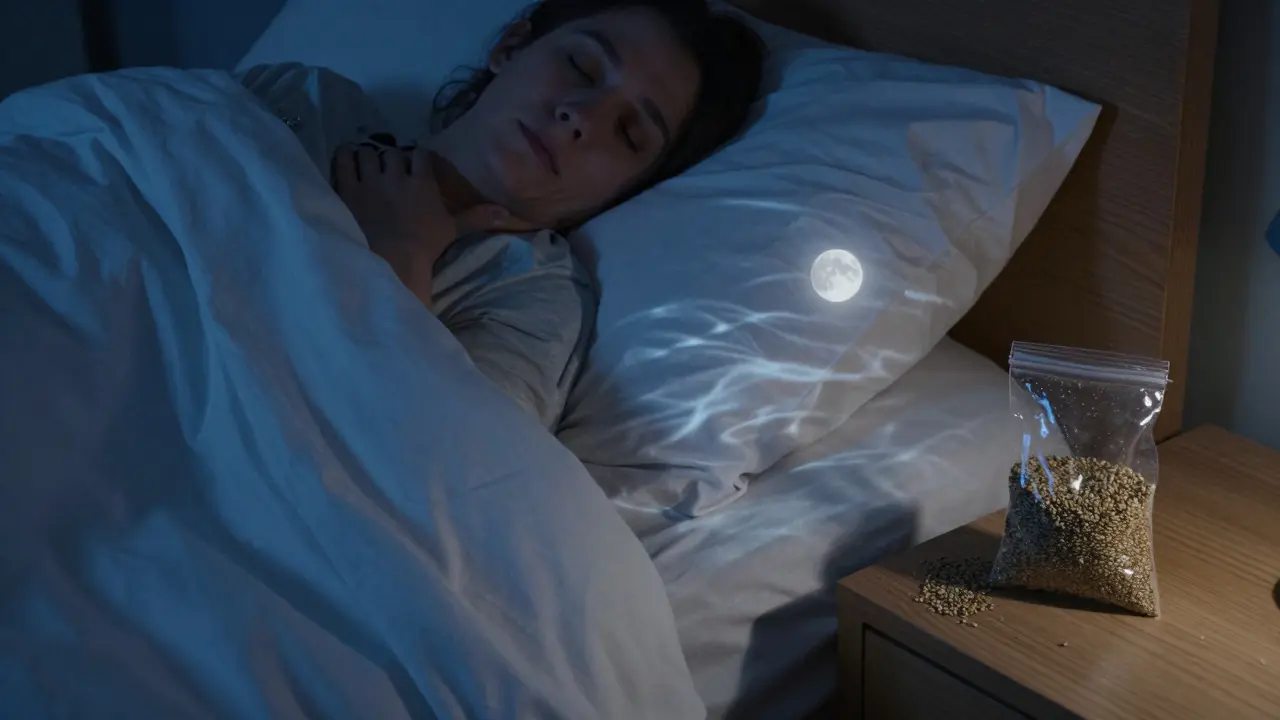 Eine Person schläft friedlich, neben dem Bett liegt eine offene Tüte Hanfsamen, Mondlicht erfüllt das Zimmer mit Ruhe.