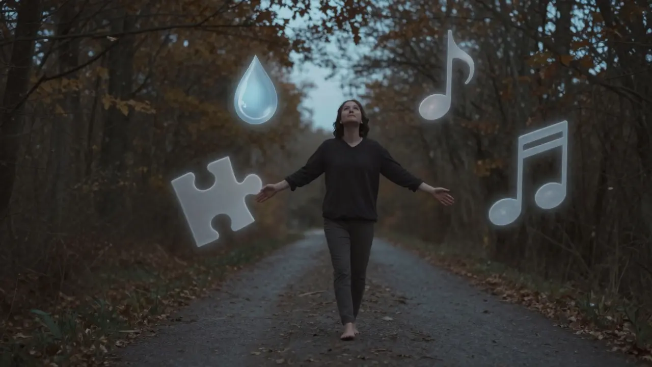 Eine Person spaziert barfuß durch einen Wald bei Dämmerung, umgeben von Symbolen für alternative Entspannungsformen wie Wasser, Musik und ein Puzzle.