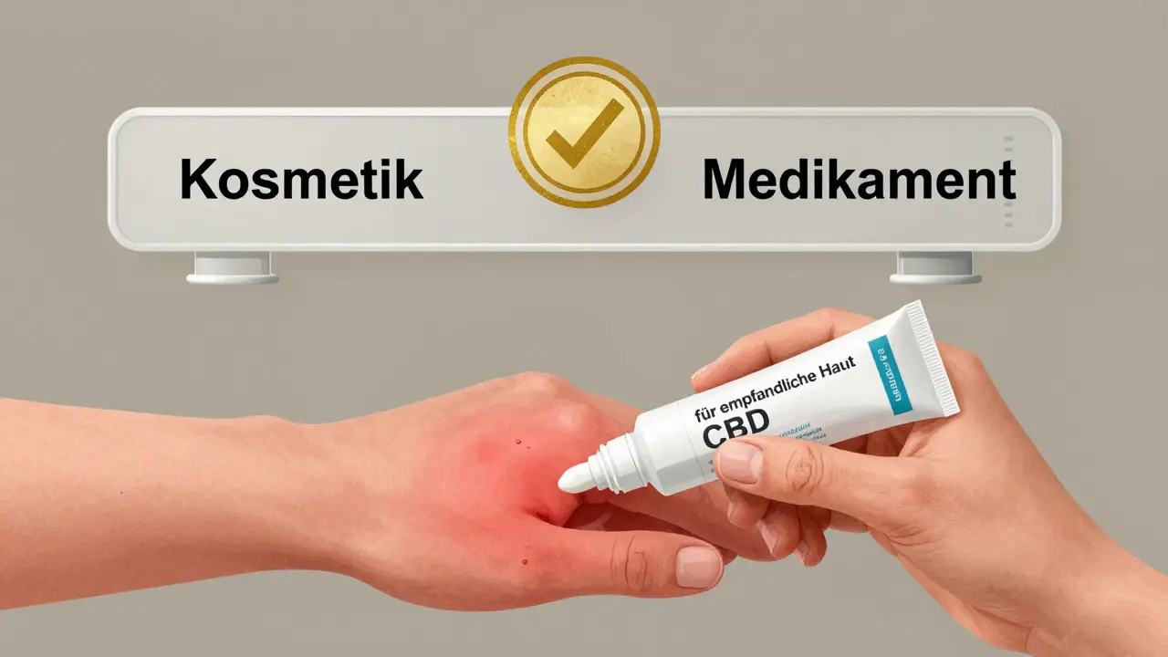Hand, die eine CBD-Creme auf entzündete Haut aufträgt, mit einer Waage, die Kosmetik und Medikament abwägt.