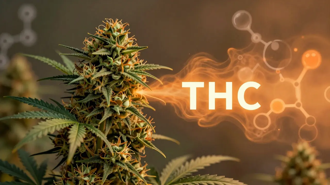 Hanfpflanze, die sich von unerhitzten Blüten in thermisch transformierende Moleküle verwandelt.