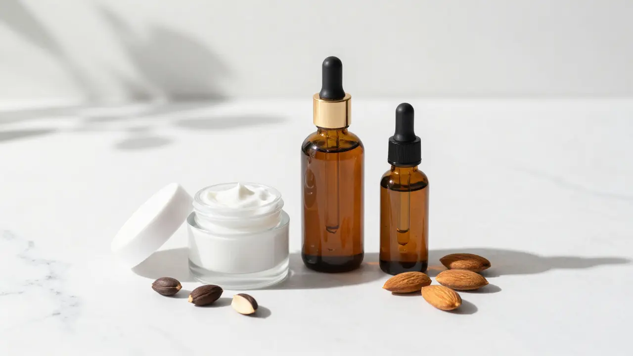 Hautpflegeprodukte wie Serum und Creme auf Marmorplatte