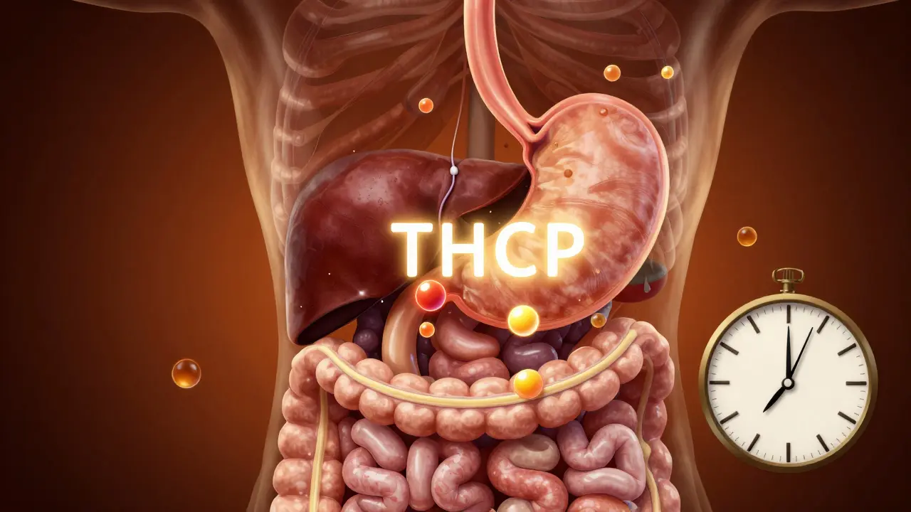 Illustration of THCP molecule being absorbed through the digestive system with fat droplets.