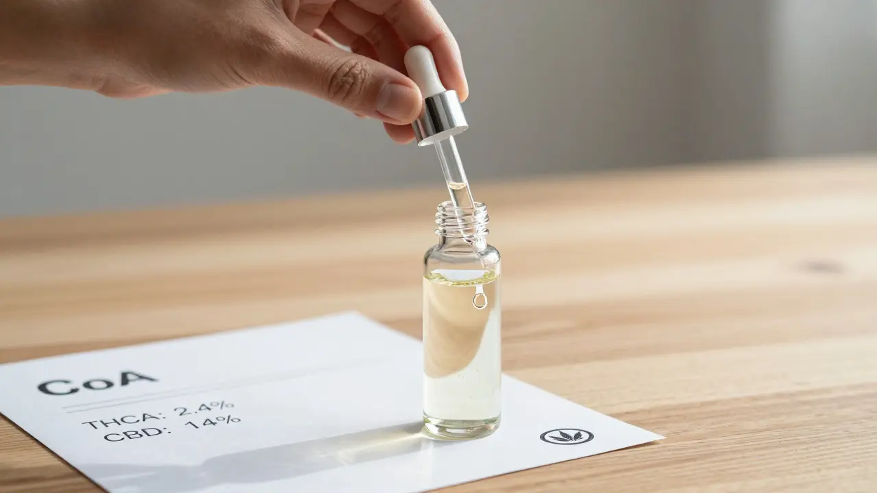 Klare Hanföl-Tropfer in Sonnenlicht, daneben ein Analysezertifikat mit THCA- und CBD-Werten.