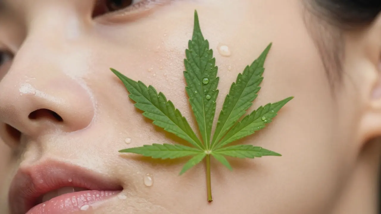 Makroaufnahme von hydratisierter Haut mit Hanfblatt