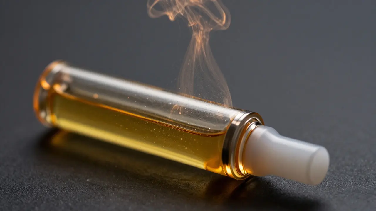 Nahaufnahme einer Vape-Kartusche mit abstrakten Duftmolekülen.