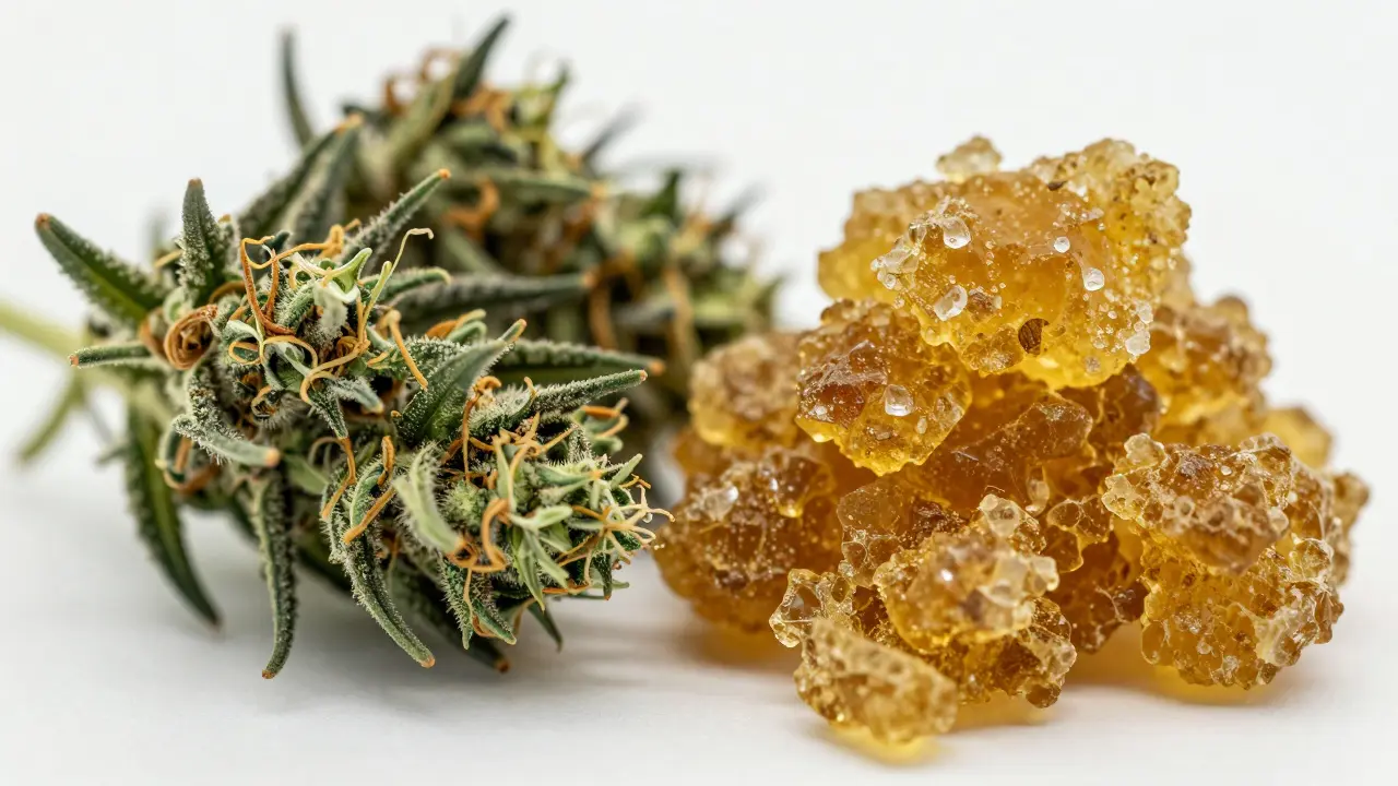 Nahaufnahme von Cannabisblüte und verarbeiteter Harzkristalle im Vergleich nebeneinander.